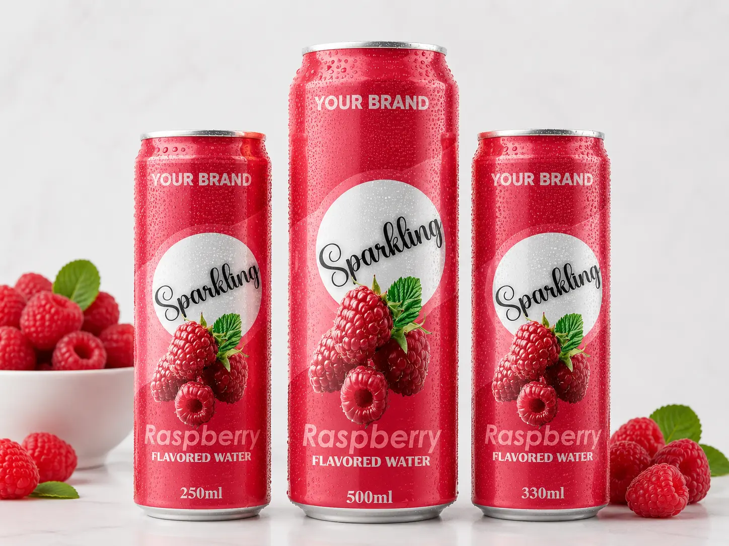 SPARKLING FLAVORED WATER Raspberry 250ml, 500ml and 330ml cans with fresh raspberries.